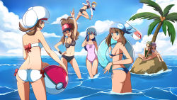 Rule 34 | &gt;:d, &gt;:o, 6+girls, :d, :o, adapted costume, antenna hair, arm behind head, armpits, ass, back, ball, bandana, bare arms, bare legs, bare shoulders, baseball cap, beach, beachball, bianca (pokemon), bikini, black bikini, blonde hair, blue bandana, blue bandanna, blue bikini, blue eyes, blue hair, blue sky, bow, bracelet, bracer, breasts, brown eyes, brown hair, butt crack, cabbie hat, cleavage, closed eyes, closed mouth, cloud, cloudy sky, coconut, coconut tree, commentary request, contrapposto, creatures (company), dawn (pokemon), day, eyes visible through hair, flat ass, from behind, game freak, gen 1 pokemon, green hat, green headwear, green one-piece swimsuit, hair flaps, hair ornament, hand on own hip, hands on feet, hands on own knees, hat, high ponytail, highres, hilda (pokemon), holding, holding ball, holding swim ring, indian style, innertube, island, jacket, jewelry, jumping, knees together feet apart, kris (pokemon), leaf (pokemon), leg up, long hair, long sleeves, looking at viewer, looking away, looking back, looking to the side, lyra (pokemon), may (pokemon), medium breasts, motion lines, multiple girls, navel, nintendo, o o, ocean, one-piece swimsuit, open clothes, open jacket, open mouth, outdoors, palm tree, pink bow, pink hat, pink one-piece swimsuit, poke ball, poke ball (basic), poke ball theme, pokemon, pokemon (creature), pokemon bw, pokemon dppt, pokemon frlg, pokemon gsc, pokemon hgss, pokemon rse, ponytail, red bow, rock, scott bennett, see-through, shade, short hair, side-tie bikini bottom, sideboob, sidelocks, sitting, sky, smile, splashing, standing, standing on one leg, swim ring, swimsuit, tareme, tears, throwing, tongue, tree, twintails, v-shaped eyebrows, voltorb, wading, water, white bikini, white hat, white headwear, white jacket, wristband, yellow hat