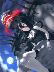Rule 34 | 10s, 1girl, abyssal ship, battleship princess, black dress, black hair, breasts, choker, cleavage, dress, full moon, horns, kantai collection, kfr, legs, long hair, looking at viewer, md5 mismatch, monster, moon, night, pale skin, red eyes, short dress, sitting, small breasts, solo, tattoo