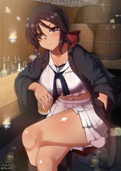 Rule 34 | 1girl, black hair, blue eyes, blush, breasts, closed mouth, covered erect nipples, crossed legs, dress, drink, girls und panzer, glass, hair ribbon, hand in pocket, highres, indoors, large breasts, long hair, looking at viewer, megadeko, midriff, miniskirt, navel, ogin (girls und panzer), ponytail, bar (place), ribbon, sailor dress, sitting, skirt, smile, solo