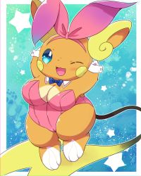 Rule 34 | 1girl, :3, alolan form, alolan raichu, animal hands, aqua background, arms up, bare shoulders, blue bow, blue bowtie, blue eyes, blush stickers, border, bow, bowtie, breasts, chromatic aberration, cleavage, creatures (company), detached collar, female focus, furry, furry female, game freak, gen 7 pokemon, gradient background, hairband, happy, highres, kemoribon, large breasts, leotard, looking at viewer, nintendo, one eye closed, open mouth, pink hairband, pink leotard, pink ribbon, pokemon, pokemon (creature), ribbon, simple background, smile, solo, star (symbol), star in eye, strapless, strapless leotard, symbol in eye, white border, wink, wrist cuffs