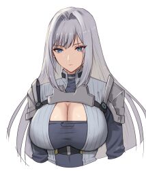 Rule 34 | 1girl, armor, blue eyes, breasts, cleavage, cleavage cutout, closed mouth, clothing cutout, commentary, cropped torso, dated, ethel (xenoblade), grey hair, hair intakes, highres, large breasts, long hair, shoulder armor, signature, simple background, solo, very long hair, white background, xenoblade chronicles (series), xenoblade chronicles 3, yamamori kinako