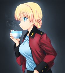 Rule 34 | 1girl, black background, blonde hair, blue eyes, braid, commentary, cup, darjeeling (girls und panzer), epaulettes, fujimaru arikui, girls und panzer, holding, holding cup, jacket, leaning forward, long sleeves, looking to the side, military, military uniform, open clothes, open jacket, red jacket, short hair, solo, st. gloriana&#039;s military uniform, steam, teacup, uniform