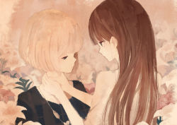 Rule 34 | 2girls, blonde hair, blunt bangs, brown hair, expressionless, flower, gradient background, half-closed eyes, hand on another&#039;s neck, hands on another&#039;s neck, jitome, long hair, looking at another, looking at viewer, looking away, mitsuki mouse, multiple girls, original, plant, sepia, upper body, yuri