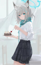Rule 34 | 1girl, :t, animal ear fluff, animal ears, black skirt, blue archive, blue eyes, blue necktie, blue scarf, blush, cake, cake slice, cherry, closed mouth, commentary request, curtains, dema hmw, eating, food, fork, fringe trim, fruit, grey hair, hair between eyes, hair ornament, halo, highres, holding, holding fork, holding plate, necktie, plaid, plaid skirt, plate, scarf, shiroko (blue archive), shirt, skirt, solo, transparent, white shirt, window