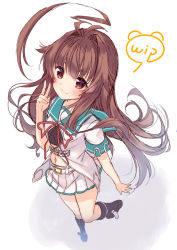 Rule 34 | 1girl, ahoge, black footwear, boots, brown eyes, brown hair, commentary request, from above, green sailor collar, highres, kantai collection, ko yu, kuma (kancolle), long hair, neck ribbon, perspective, pleated skirt, red ribbon, ribbon, sailor collar, sailor shirt, school uniform, serafuku, shirt, short sleeves, simple background, skirt, solo, unfinished, v, white background, white shirt, white skirt
