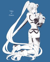 Rule 34 | 1girl, belt, bodysuit, flower, hair ornament, monochrome, shoes, smile, sophie (tales), tales of (series), tales of graces, thighhighs, twintails, very long hair