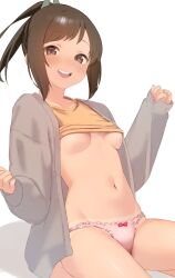 Rule 34 | 1girl, blush, bow, bow panties, breasts, brown eyes, brown hair, collarbone, commentary request, cowboy shot, grey jacket, heart, highres, i-401 (kancolle), jacket, kantai collection, long sleeves, looking at viewer, medium breasts, navel, open clothes, open jacket, open mouth, panties, pink panties, ponytail, red bow, sakieko, shirt, short hair, sidelocks, simple background, sitting, sleeves past wrists, smile, solo, stomach, teeth, thighs, underboob, underwear, upper teeth only, white background
