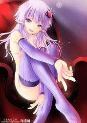Rule 34 | 1girl, collarbone, covering privates, detached sleeves, female focus, hair ornament, long hair, looking at viewer, namamo nanase, no panties, nude, open mouth, outstretched hand, purple eyes, purple hair, purple thighhighs, sitting, smile, solo, thighhighs, twintails, vocaloid, voiceroid, watermark, yuzuki yukari
