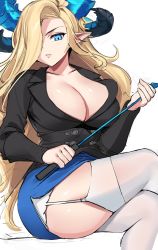 Rule 34 | 1girl, black jacket, blonde hair, blue eyes, blue horns, blue skirt, breasts, cleavage, demon girl, garter straps, guardian tales, hair over one eye, highres, holding, horns, jacket, large breasts, crossed legs, long hair, looking at viewer, ndgd, noble succubus bianca, pointy ears, simple background, sitting, skirt, solo, suit jacket, thighhighs, thighs, white background