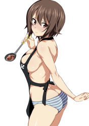Rule 34 | 10s, 1girl, apron, ass, bare arms, bare back, bare shoulders, black apron, breasts, brown eyes, brown hair, butt crack, cleavage, closed mouth, cowboy shot, from side, girls und panzer, highres, ladle, looking at viewer, looking to the side, medium breasts, nakahira guy, nearly naked apron, nishizumi maho, panties, short hair, sideboob, solo, soup ladle, striped clothes, striped panties, underwear