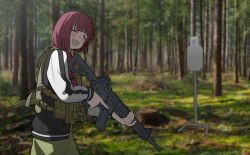 Rule 34 | 1girl, absurdres, ammunition pouch, black jacket, blush, bocchi the rock!, braid, buckle, closed eyes, dress, green dress, gugyun (gugyun 00), gun, highres, hiroi kikuri, holding, holding weapon, jacket, letterman jacket, long hair, open mouth, pouch, purple hair, sharp teeth, smile, snap-fit buckle, solo, striped clothes, striped jacket, teeth, weapon, weapon request, white sleeves