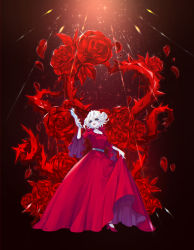 Rule 34 | 1girl, absurdres, ambiguous red liquid, belt, black eyes, broken glass, colored skin, dress, flower, full body, glass, glint, hair between eyes, hair rings, hand up, high heels, highres, holding, holding knife, identity v, knife, lipstick, long dress, looking at viewer, makeup, mary (identity v), parted lips, petals, pumps, red dress, red flower, red footwear, red rose, red theme, rose, short hair, skirt hold, smile, solid eyes, solo, sparkle, standing, stitched neck, stitches, tamaaaaaaa, thorns, white hair, white skin, wide sleeves