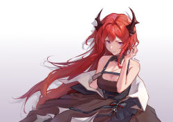 Rule 34 | 1girl, absurdres, arknights, artist name, bare shoulders, black bow, black collar, black dress, black jacket, bow, buckle, closed mouth, collar, demon horns, dress, female focus, floating hair, twirling hair, hand up, highres, hokago-tt, horns, jacket, long hair, looking at viewer, off shoulder, open clothes, open jacket, purple eyes, red hair, rhodes island logo (arknights), slit pupils, smile, solo, surtr (arknights), upper body, very long hair, white background