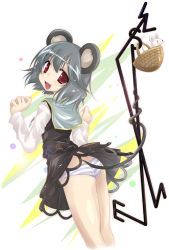 Rule 34 | 1girl, animal ears, bad id, bad pixiv id, basket, capelet, dowsing rod, female focus, grey hair, jewelry, looking back, mouse (animal), mouse ears, mouse tail, nazrin, necklace, open mouth, panties, red eyes, short hair, smile, solo, striped clothes, striped panties, tail, touhou, underwear, yumesato makura