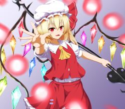 Rule 34 | 1girl, ascot, blonde hair, breasts, collared shirt, cowboy shot, crystal, fangs, flandre scarlet, frilled headwear, frilled shirt collar, frilled skirt, frills, glowing, glowing wings, gradient background, hair between eyes, hat, hat ribbon, highres, holding, holding polearm, holding weapon, laevatein (touhou), looking at viewer, medium hair, mob cap, multicolored wings, one side up, open mouth, outstretched arm, outstretched hand, polearm, puffy short sleeves, puffy sleeves, purple background, red eyes, red ribbon, red skirt, red vest, ribbon, sasa (weldan6), shirt, short sleeves, simple background, skirt, skirt set, small breasts, solo, teeth, touhou, vest, weapon, white hat, white shirt, wings, yellow ascot
