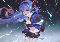 Rule 34 | 1girl, bandeau, bare shoulders, black choker, black footwear, black hairband, black mittens, breasts, challenger dominiel (epic seven), choker, cleavage, cowboy shot, crop top, epic seven, gloves, hair intakes, hairband, highres, jacket, lightning, long hair, long sleeves, looking at viewer, medium breasts, mittens, navel, one eye closed, open clothes, open mouth, pantyhose, pointing, pointing at viewer, purple hair, purple jacket, red eyes, short shorts, shorts, smile, solo, stomach, thighs, vardan, zipper