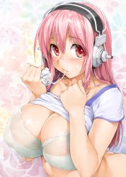Rule 34 | 1girl, absurdres, areola slip, ass, blush, bra, breasts, butt crack, cleavage, clothes lift, cum, cum in mouth, cum on hair, facial, headphones, highres, ishikei, large breasts, lingerie, long hair, looking at viewer, pink hair, red eyes, see-through, shirt lift, solo, super sonico, underwear, white bra