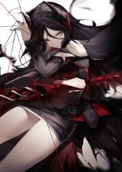 Rule 34 | + +, 1girl, ankoro mochi, arknights, bare legs, bare shoulders, belt, belt pouch, black belt, black hair, black shirt, black skirt, black sleeves, closed mouth, collared shirt, commentary request, demon girl, demon horns, detached sleeves, feet out of frame, floating hair, glaring, hair between eyes, highres, holding, holding sword, holding weapon, horns, ines (arknights), long hair, looking at viewer, miniskirt, multicolored hair, pouch, red hair, shirt, sidelocks, simple background, skirt, solo, streaked hair, swept bangs, sword, thighs, very long hair, weapon, white background, wire, yellow eyes