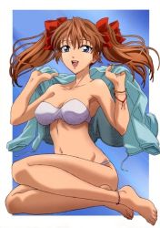 Rule 34 | 00s, 1girl, alicia melchiott, anklet, barefoot, bikini, blue eyes, bow, bra, bracelet, breasts, brown eyes, brown hair, collarbone, feet, hair ornament, hair ribbon, jacket, jewelry, large breasts, legs, lingerie, megami magazine, navel, panties, red eyes, ribbon, senjou no valkyria (series), senjou no valkyria 1, short twintails, solo, swimsuit, twintails, underwear