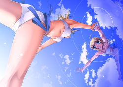 Rule 34 | 00s, 1girl, ahoge, artoria pendragon (all), artoria pendragon (fate), bikini, blonde hair, blue eyes, breasts, cloud, crotch, day, dive, fate/stay night, fate (series), foreshortening, kneepits, official alternate costume, perspective, reflection, reflective water, ribs, ripples, saber (fate), side-tie bikini bottom, sky, solo, swimsuit, thighs, uraomote, water, white bikini