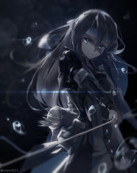 Rule 34 | 1girl, arrow (projectile), artist name, brown hair, cowboy shot, floating hair, grey eyes, headband, highres, holding, holding weapon, kantai collection, long hair, looking at viewer, official alternate costume, parted lips, reluvy, solo, standing, weapon, zuikaku (kancolle), zuikaku kai ni (kancolle)