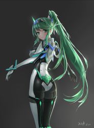 Rule 34 | 1girl, armor, ass, blush, breasts, dated, earrings, female focus, green eyes, green hair, hair between eyes, highres, jewelry, large breasts, legs together, long hair, matching hair/eyes, nintendo, pneuma (xenoblade), ponytail, smile, solo, spoilers, standing, very long hair, xenoblade chronicles (series), xenoblade chronicles 2