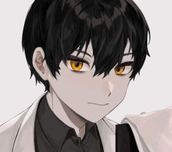 Rule 34 | 1boy, ayin (project moon), black hair, black shirt, closed mouth, collared shirt, grey background, hair between eyes, highres, korean commentary, kumo (kumo hsc0216), lobotomy corporation, looking at viewer, male focus, orange eyes, pale skin, portrait, project moon, shirt, signature, simple background, solo