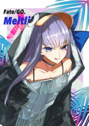 Rule 34 | 1girl, absurdres, animal hood, bare shoulders, black jacket, blue bow, blue hair, border, bow, branch, character name, choker, closed mouth, collarbone, copyright name, fate/grand order, fate (series), hair bow, highres, hood, jacket, licking lips, long hair, long sleeves, looking at viewer, meltryllis, meltryllis (fate), meltryllis (swimsuit lancer) (fate), meltryllis (swimsuit lancer) (first ascension) (fate), nitta teruhiko, penguin hood, purple eyes, sidelocks, sleeves past fingers, sleeves past wrists, smile, solo, swimsuit, tongue, tongue out, upper body, v-shaped eyebrows, wide sleeves