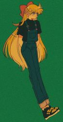 Rule 34 | 1girl, aino minako, arms behind back, bishoujo senshi sailor moon, blonde hair, blue eyes, bow, commentary request, earrings, film grain, full body, hair bow, jewelry, long hair, looking to the side, overalls, pikurusu, red bow, shoes, short sleeves, solo, very long hair
