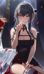 Rule 34 | 1girl, absurdres, bare shoulders, black dress, black hair, black thighhighs, blood, blood on hands, blood writing, bloody weapon, blurry, blurry background, blush, breasts, character name, cleavage, commentary, covered navel, dagger, dress, falling petals, finger to mouth, fingernails, flower, gold hairband, hairband, hand on own thigh, hand up, highres, holding, holding dagger, holding knife, holding weapon, houkisei, knife, large breasts, long hair, looking at viewer, mirror, nail polish, off-shoulder dress, off shoulder, petals, red eyes, red flower, red lips, red nails, red rose, rose, rose petals, sidelocks, sitting, skindentation, solo, spikes, spy x family, tablecloth, thighhighs, tight clothes, tight dress, two-sided dress, two-sided fabric, vase, weapon, yor briar