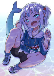 Rule 34 | 1girl, backlighting, bike shorts, blue eyes, blue hair, blue hoodie, blue nails, blush, caustics, claw pose, female focus, fins, fish tail, gawr gura, hair ornament, highres, hololive, hololive english, hood, hood down, hoodie, looking at viewer, miyao ryuu, multicolored hair, one side up, open mouth, shark tail, sharp teeth, shoes, sitting, solo, streaked hair, tail, teeth, virtual youtuber, water, white hair