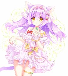 Rule 34 | 1girl, animal ears, bare shoulders, blush, bow, cat ears, cat girl, cat tail, closed mouth, clover, collarbone, commentary request, dress, four-leaf clover, hair between eyes, hair bow, holding, long hair, off-shoulder dress, off shoulder, original, panties, pink bow, purple hair, red bow, shikito (yawa0w0), single wrist cuff, skirt hold, smile, solo, tail, thigh gap, thigh strap, underwear, white dress, white panties, wrist cuffs, yellow bow, yellow eyes