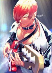 Rule 34 | 1boy, bass guitar, choker, closed eyes, instrument, male focus, one eye covered, pectoral cleavage, pectorals, plectrum, red hair, sokytk2, solo, the king of fighters, yagami iori