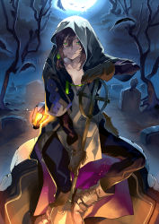 Rule 34 | 1boy, bare tree, bird, boots, brown hair, crow, gloves, grave, graveyard, green eyes, highres, hood, kyouichi, lantern, long hair, long sleeves, male focus, moon, night, night sky, pants, pixiv fantasia, pixiv fantasia revenge of the darkness, pouch, shovel, sitting, sky, solo, tombstone, tree