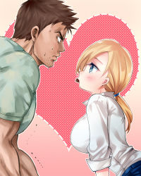 Rule 34 | 1girl, blonde hair, blue eyes, blush, breasts, brown hair, chocolate, chris redfield, closed mouth, collared shirt, couple, dark-skinned male, dark skin, dotted line, eye contact, eyelashes, facial hair, food in mouth, from side, furrowed brow, gradient background, hair tie, heart, hetero, jill valentine, large breasts, leaning forward, long hair, looking at another, low ponytail, mouth hold, muscular, nagare, outline, profile, resident evil, resident evil 5, shirt, short hair, short sleeves, sleeves rolled up, stubble, sweat, upper body, white outline, white shirt