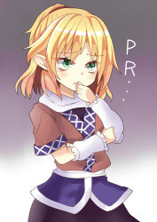 Rule 34 | 1girl, arm warmers, blonde hair, dress, finger to mouth, green eyes, keyaki chimaki, mizuhashi parsee, open mouth, pointy ears, scarf, short hair, short sleeves, solo, touhou