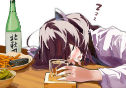 Rule 34 | 1girl, alcohol, blush, bottle, brown hair, commentary request, cup, drinking glass, closed eyes, food, headgear, holding, holding cup, japanese clothes, kimono, lamb (hitsujiniku), long sleeves, open mouth, sake, sake bottle, simple background, sleeping, solo, touhoku kiritan, upper body, voiceroid, white background, white kimono, wide sleeves, zzz
