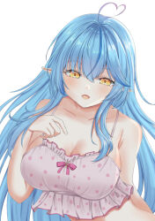 Rule 34 | 1girl, bare shoulders, blue hair, breasts, cleavage, hololive, large breasts, long hair, looking at viewer, open mouth, pointy ears, scarlet mirin, simple background, smile, solo, virtual youtuber, yellow eyes, yukihana lamy