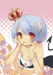Rule 34 | blue hair, blush, breasts, cleavage, crown, hair ornament, hairclip, ito noizi, lowres, mouth hold, orange eyes, short hair, tail