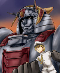 Rule 34 | 1boy, admiral (kancolle), blonde hair, giant robo, hat, hisatyu, ishii hisao, kantai collection, mecha, military, military uniform, mutsu (kancolle), naval uniform, parody, purple eyes, robot, short hair, size difference, uniform