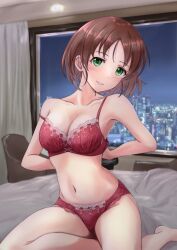 Rule 34 | 1girl, bed, blush, bra, brown hair, chair, cityscape, commentary request, commission, cyde, green eyes, harada miyo, highres, hotel room, idolmaster, idolmaster cinderella girls, light smile, lingerie, naughty face, night, night sky, on bed, open window, panties, red bra, red panties, removing bra, sitting, skeb commission, sky, strap slip, table, thighs, underwear, underwear only, wariza, window