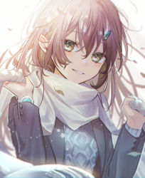 Rule 34 | 1girl, absurdres, blush, brown hair, hair ornament, hairclip, highres, long hair, looking at viewer, original, sake (utopia modoki), scarf, smile, solo, sweater, watch, winter clothes