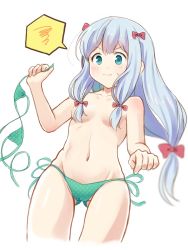 Rule 34 | 10s, 1girl, bikini, blue eyes, blue hair, bow, breasts, eromanga sensei, frown, furuhiro, gluteal fold, green bikini, hair bow, hair over breasts, highres, izumi sagiri, long hair, low-tied long hair, pink bow, polka dot, polka dot bikini, side-tie bikini bottom, silver hair, simple background, small breasts, solo, spoken squiggle, squiggle, swimsuit, topless, white background