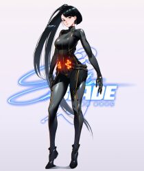 Rule 34 | 1girl, asymmetrical hair, black hair, blunt bangs, bodysuit, breasts, cesar art456, eve (stellar blade), full body, gloves, glowing bodysuit, grey background, highres, long hair, looking at viewer, multicolored clothes, official alternate costume, official alternate hairstyle, ponytail, simple background, skin tight, solo, standing, stellar blade, thighs, very long hair