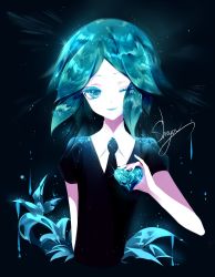 Rule 34 | 1other, ;), absurdres, arm behind back, artist name, bad id, bad twitter id, black background, black necktie, colored eyelashes, commentary, gem uniform (houseki no kuni), green eyes, green hair, green nails, heart, highres, holding, holding heart, houseki no kuni, looking at viewer, nail polish, necktie, one eye closed, parted lips, phosphophyllite, puffy short sleeves, puffy sleeves, sheya, short hair, short sleeves, sidelocks, signature, simple background, smile, solo, upper body
