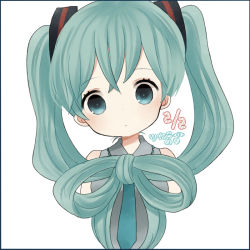 Rule 34 | 1girl, ayu (mog), blouse, blue eyes, blue hair, blue necktie, bow-shaped hair, closed mouth, collared shirt, dated, grey shirt, hatsune miku, head tilt, long hair, looking at viewer, necktie, shirt, simple background, solo, twintails, upper body, very long hair, vocaloid, white background, wing collar