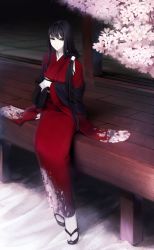 Rule 34 | 1girl, black eyes, black hair, cherry blossoms, closed mouth, erise, floral print, flower, full body, furisode, hair over shoulder, highres, japanese clothes, kimono, long hair, looking at viewer, md5 mismatch, obi, original, ponytail, sandals, sash, sitting, solo, tatami, very long hair