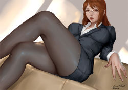 Rule 34 | 1girl, ariverkao, blazer, breasts, brown eyes, brown hair, collared shirt, commentary request, couch, crossed legs, dress shirt, glasses, indoors, jacket, large breasts, office lady, original, pantyhose, parted lips, pencil skirt, shirt, sitting, skirt, solo, white shirt