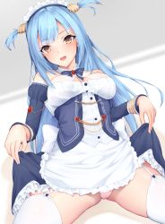Rule 34 | 1girl, apron, aqua hair, azur lane, bare shoulders, breasts, brown eyes, cameltoe, cleavage, clothes lift, detached collar, dress, dress lift, garter straps, highres, long hair, looking at viewer, maid, maid apron, maid headdress, medium breasts, neptune (azur lane), open mouth, panties, pantyshot, pink panties, ranju aira, ribbon, short twintails, sitting, solo, thighhighs, thighs, twintails, two side up, underwear, white thighhighs