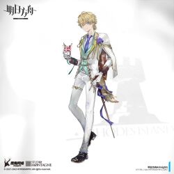 Rule 34 | 1boy, ;), alternate costume, animal ears, arknights, belt, black footwear, blonde hair, blue eyes, bone print, boutonniere, cane, capelet, collared shirt, copyright notice, cup, dog boy, dog ears, dog tail, dress shoes, flower, food, food print, formal, fruit, full body, gloves, green ribbon, green vest, hair between eyes, heart, heart print, highres, holding, holding cane, holding cup, ice cream, ice cream cone, jacket, key, keyring, lapel pin, lapels, leg ribbon, long sleeves, looking at viewer, male focus, neckerchief, necktie, notched lapels, official art, one eye closed, pants, parted lips, print neckerchief, purple flower, purple necktie, purple ribbon, rhodes island logo (arknights), ribbon, shirt, shoes, short hair, sleeve cuffs, smile, solo, spade (shape), standing, star (symbol), star print, strawberry, suit, sundae, suou (sdurorhr), tail, tequila (arknights), thigh ribbon, vest, white background, white belt, white capelet, white gloves, white jacket, white pants, white shirt, white suit, yellow ribbon